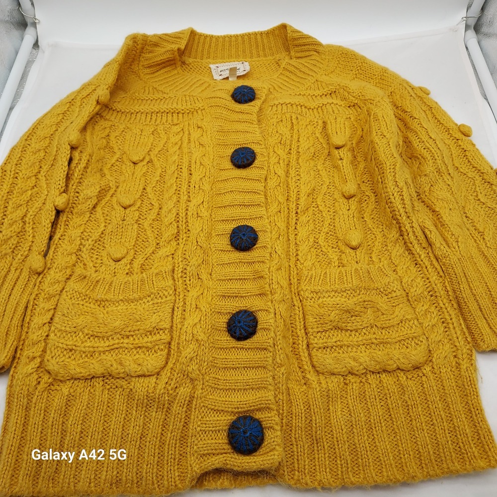 Sweet by Miss Me‎ Mustard Yellow Alpaca Blend Cable Knit Bobble Cardigan Small